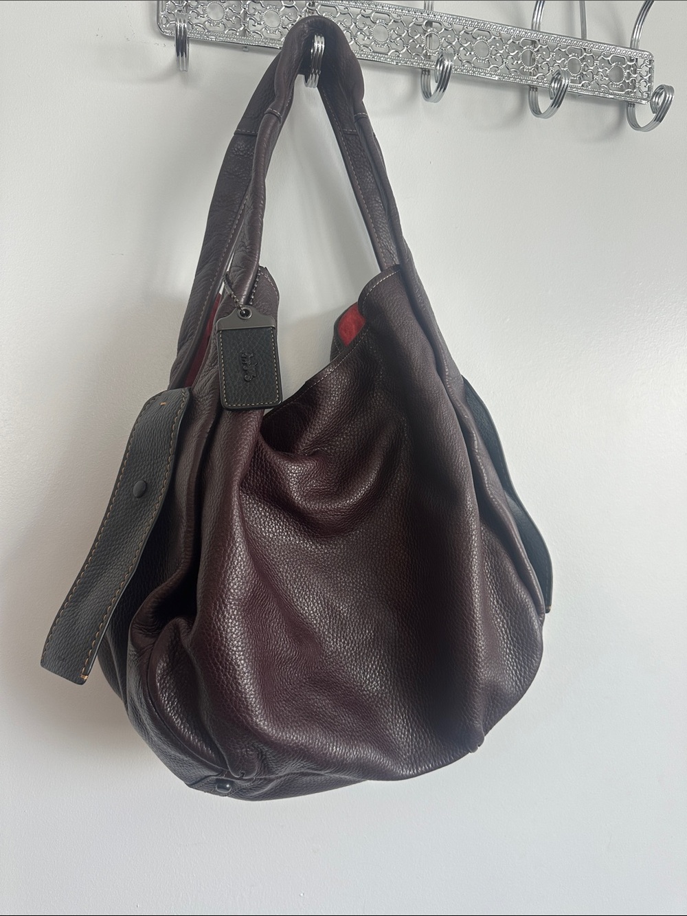 Coach Pebbled Leather Hobo in Deep Brown with Red Accent